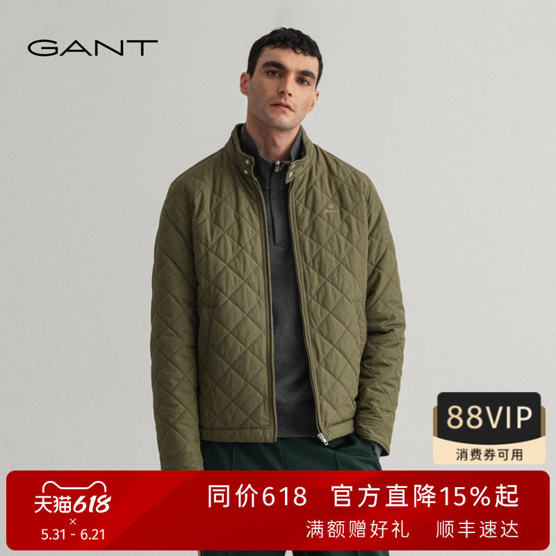 GANT/甘特秋冬新款男士复古军绿色保暖立领绗缝短款休闲棉服外套