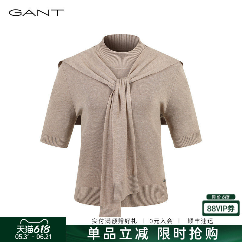 GANT/甘特秋季女士短袖套头针织衫带披肩上衣半高领时尚气质毛衣
