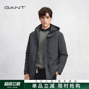 男士 纯色外套复古休闲可拆卸连帽抽绳白鸭绒羽绒服 甘特冬季 GANT