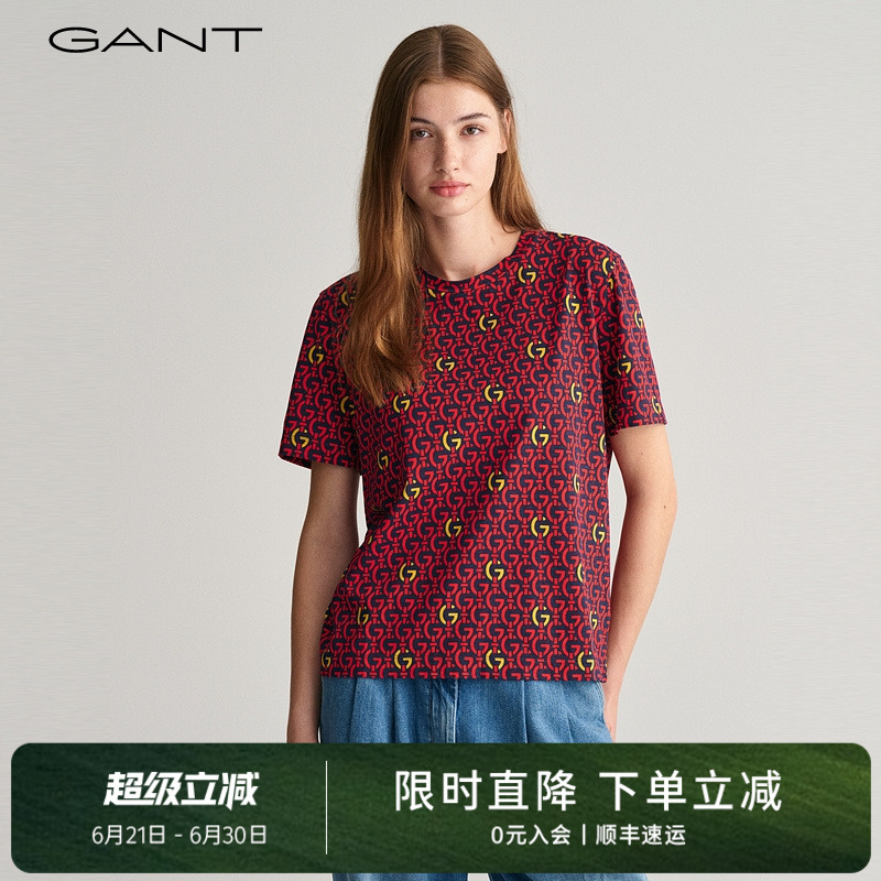 【100%棉】GANT/甘特夏季女装字母印花上衣美式休闲圆领短袖T恤衫