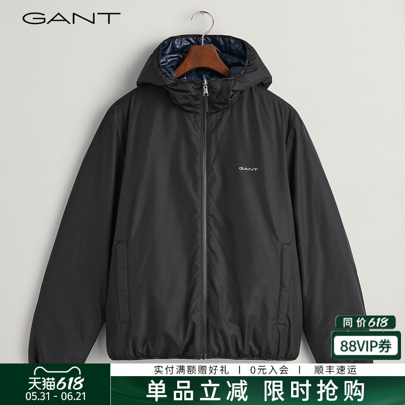 GANT/甘特秋冬新款男士美式休闲风宽松帅气纯色连帽通勤夹克棉服