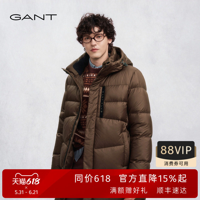 GANT/甘特冬季男士外套纯色简约抽绳连帽休闲中长款白鸭绒羽绒服