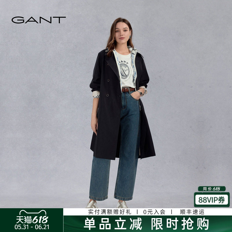 GANT/甘特春秋季女士翻领中长款双排扣风衣经典优雅百搭气质外套