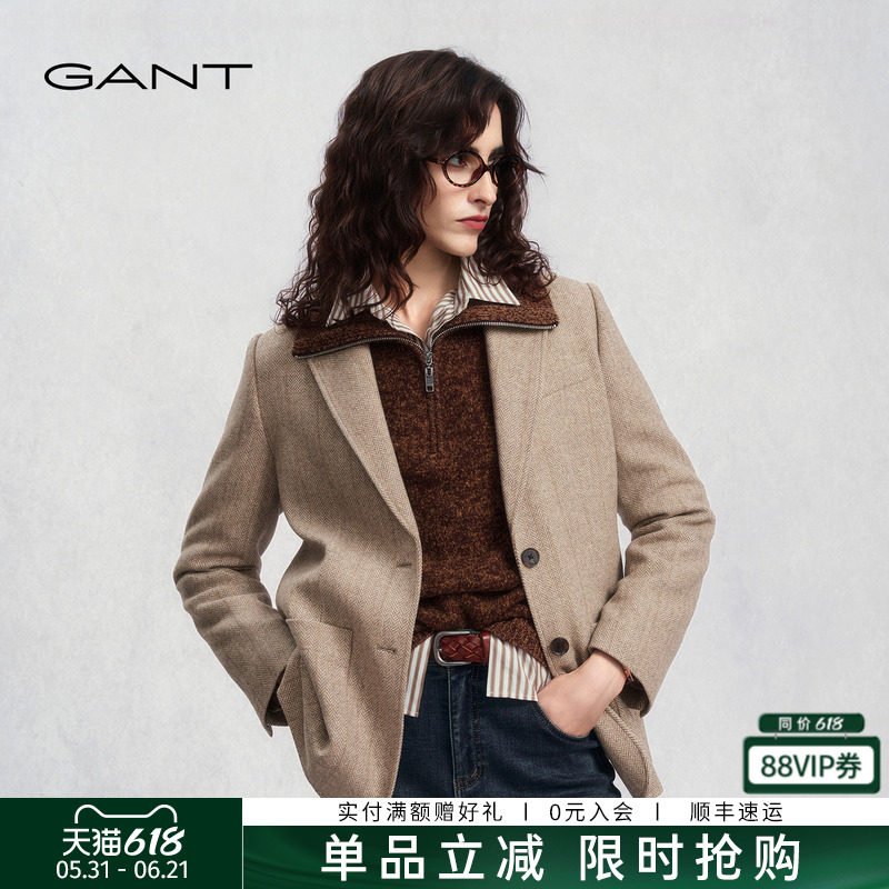 【100%绵羊毛】GANT/甘特25秋冬女上衣复古老钱人字纹单西服外套