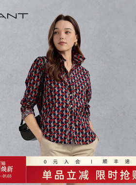【100%棉】GANT/甘特女士复古风气质衬衣翻领满印花格子长袖衬衫
