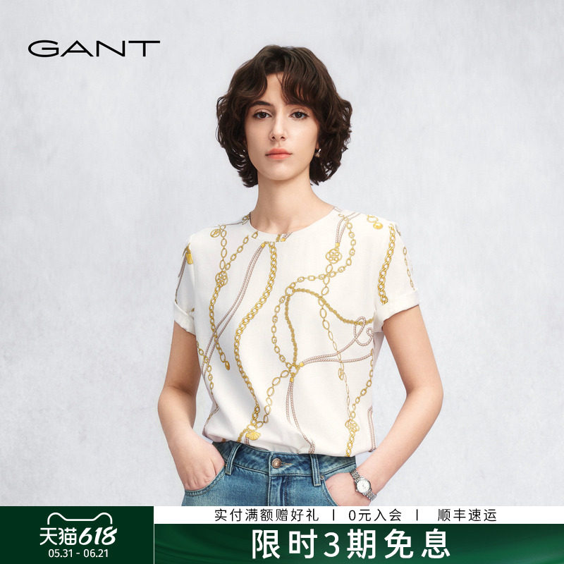GANT/甘特2026春夏新款女士棉质圆领短袖T恤链条印花优雅百搭上衣