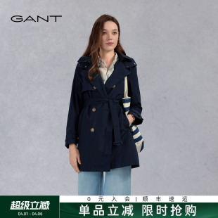 女士复古双排扣系带中长款 风衣可拆卸连帽气质外套 甘特新款 GANT