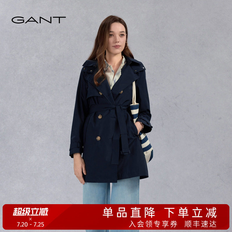 GANT/甘特新款女士复古双排扣系带中长款风衣可拆卸连帽气质外套