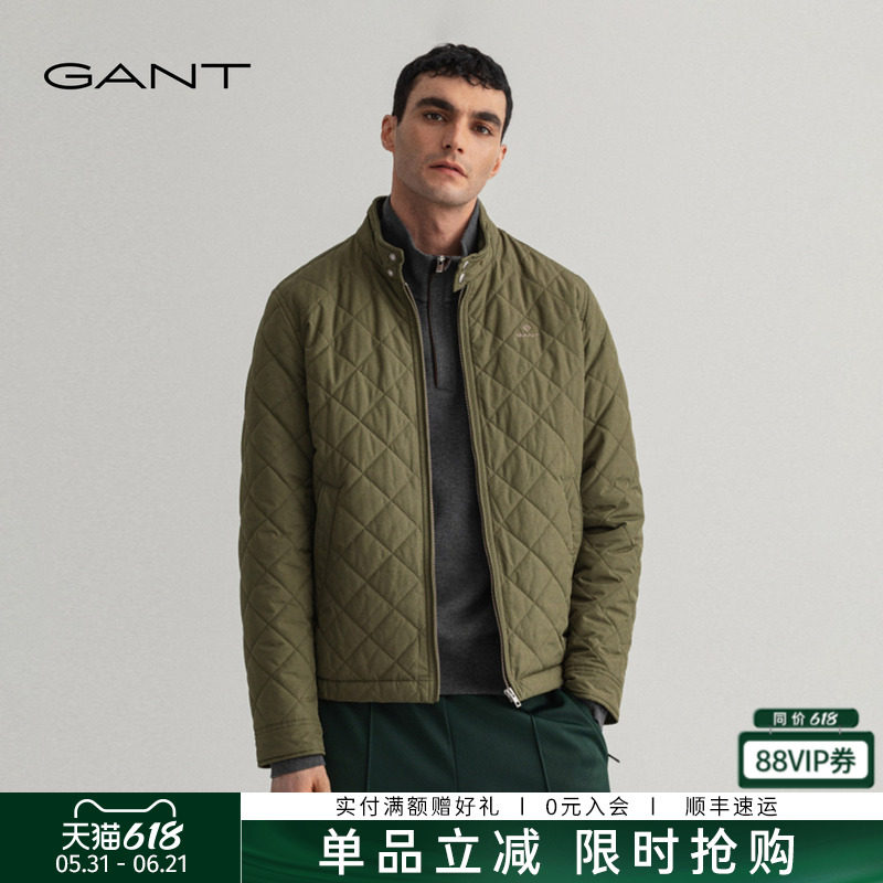 GANT/甘特秋冬新款男士复古军绿色保暖立领绗缝短款休闲棉服外套