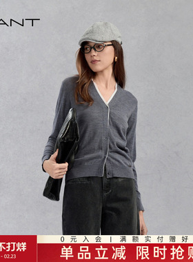 【100%羊毛】GANT/甘特25新款女士假两件V领灰色通勤休闲针织开衫