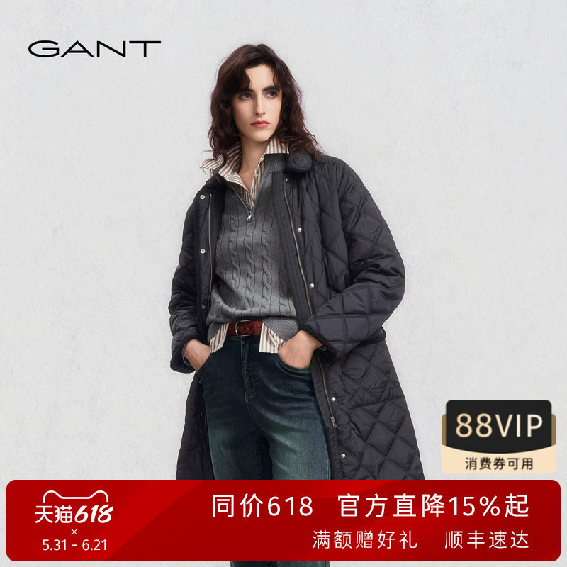 GANT/甘特2025秋冬新款女士轻薄中长款棉服复古翻领绗缝直筒外套