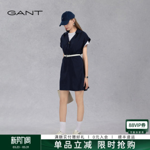 GANT V领短裙子通勤百搭翻领纯色连衣裙 甘特春夏女士简约收腰短袖