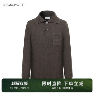甘特秋季 男士 GANT 新款 翻领绵羊毛混纺纯色套头针织衫 毛衣打底衫