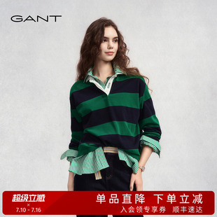 GANT/甘特秋冬季新款女士纯棉横条纹翻领长袖T恤宽松休闲百搭上衣