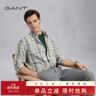 衬衫 GANT 棉麻舒爽衬衣复古格纹休闲通勤长袖 男士 甘特2025夏新款