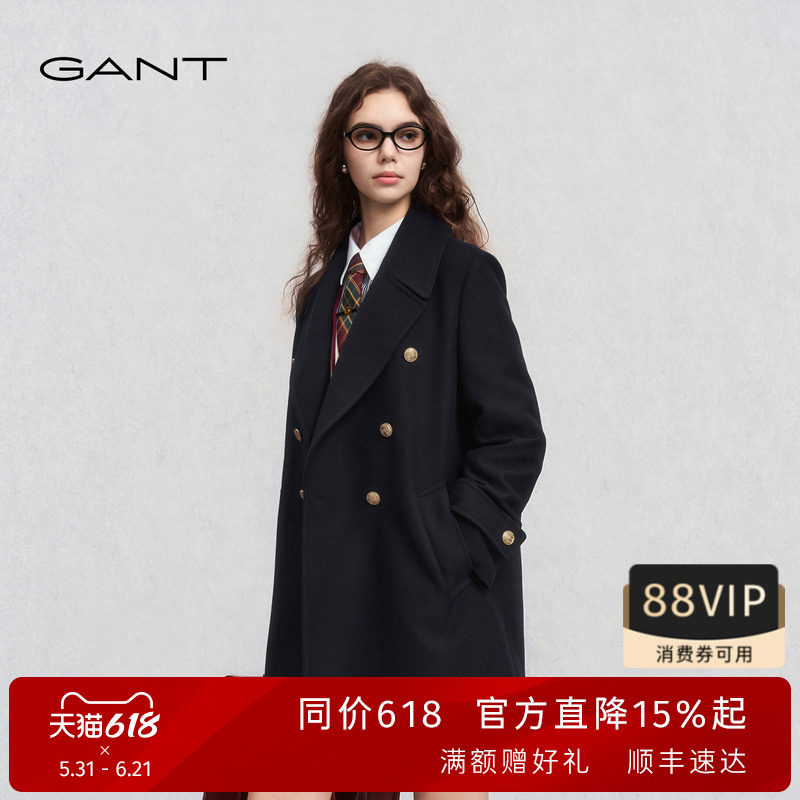 GANT/甘特秋冬新款女士羊毛呢通勤大衣复古英伦学院风双排扣外套
