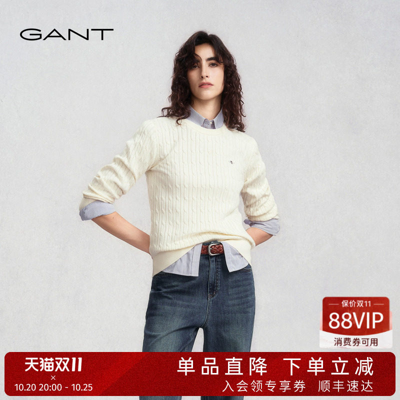 GANT/甘特秋冬新款女士圆领套头纯棉绞花老钱复古学院风长袖针织
