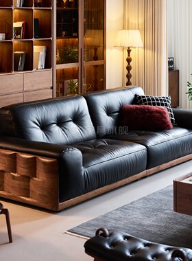 北美黑胡桃木沙发别墅客厅大黑牛升级款设计师真皮四人位意式轻奢