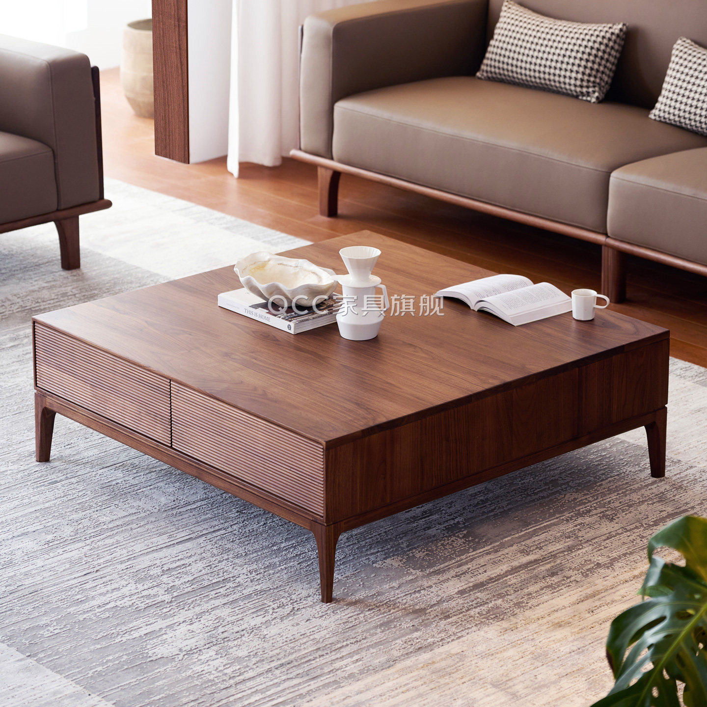 瑞典ZERO茶几北美黑胡桃木大方几设计师款带抽屉高级感正方形茶台