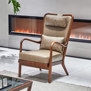 意式轻奢扶手椅北美黑胡桃木设计师沙发椅实木真皮休闲椅高背椅子
