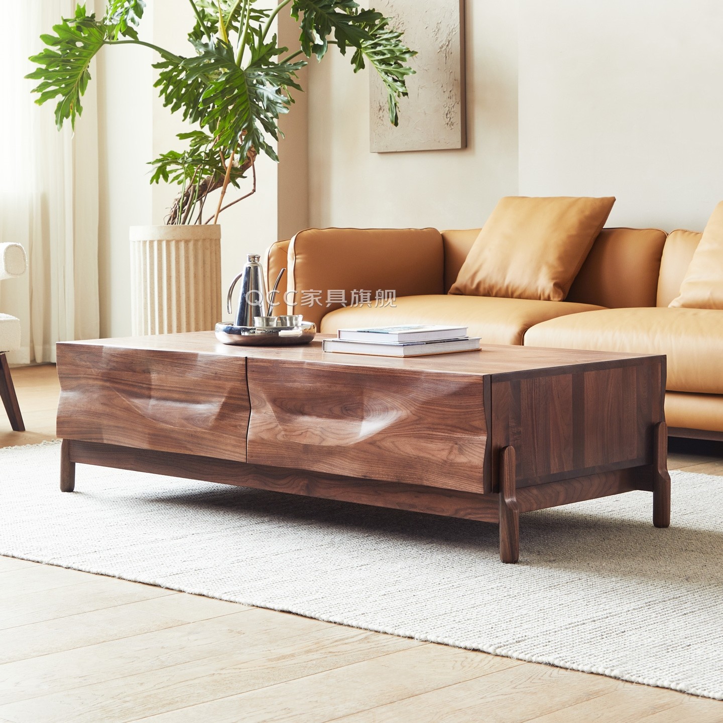 北美黑胡桃木茶几设计师款钻石艺术高级感长茶几意式极简原木轻奢