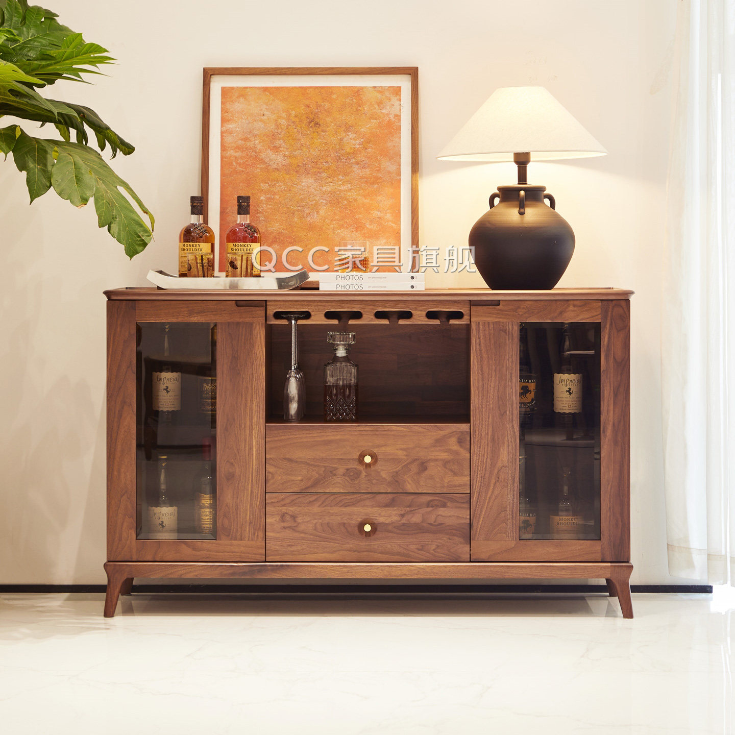 北美黑胡桃木实木餐边柜设计师款高级红酒柜意大利轻奢中古风酒橱