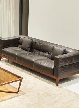北美黑胡桃木沙发意式轻奢实木真皮设计师极简羽绒沙发原木三人位