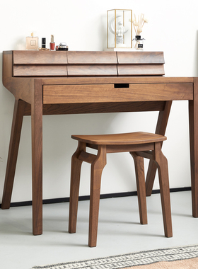 意式极简实木梳妆台设计师款小型化妆桌北美黑胡桃木卧室家用轻奢