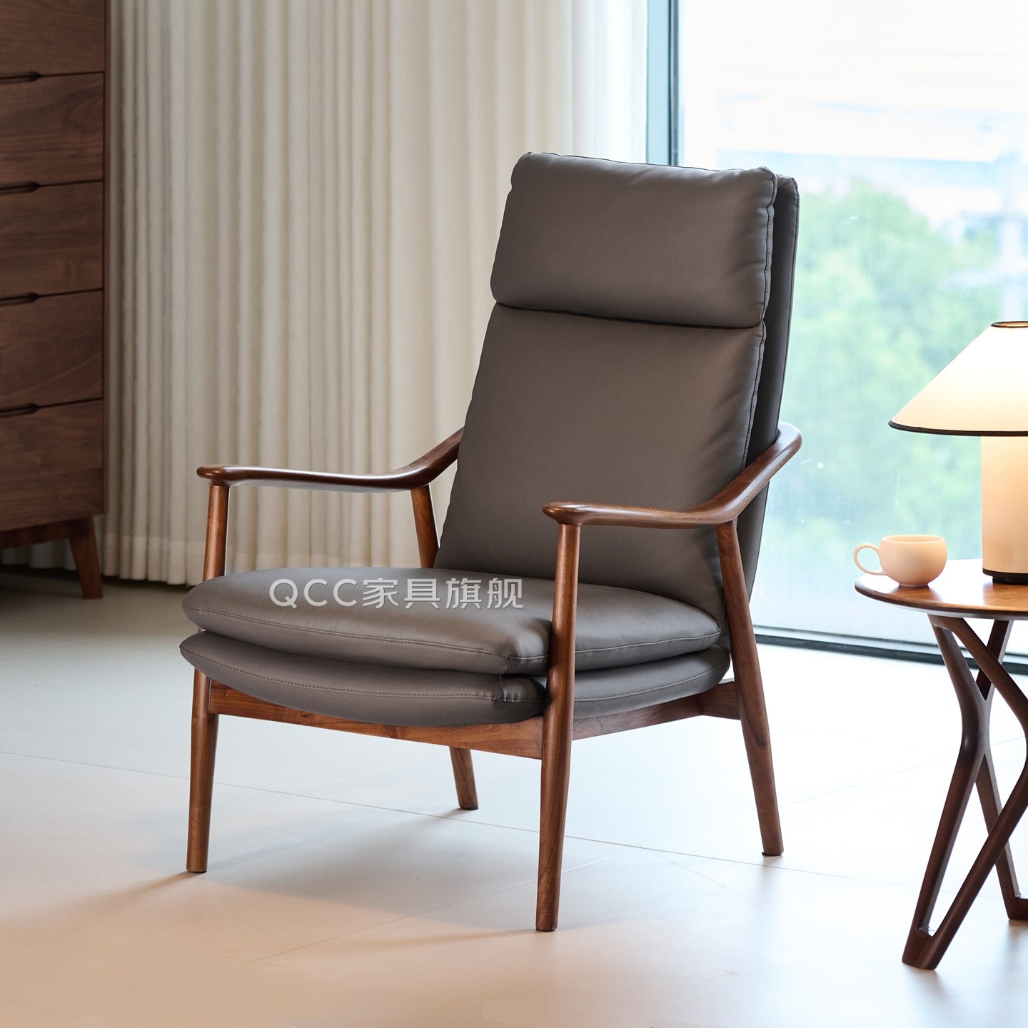 北美黑胡桃木单人沙发椅实木真皮单椅老虎椅现代简约轻奢休闲皮椅