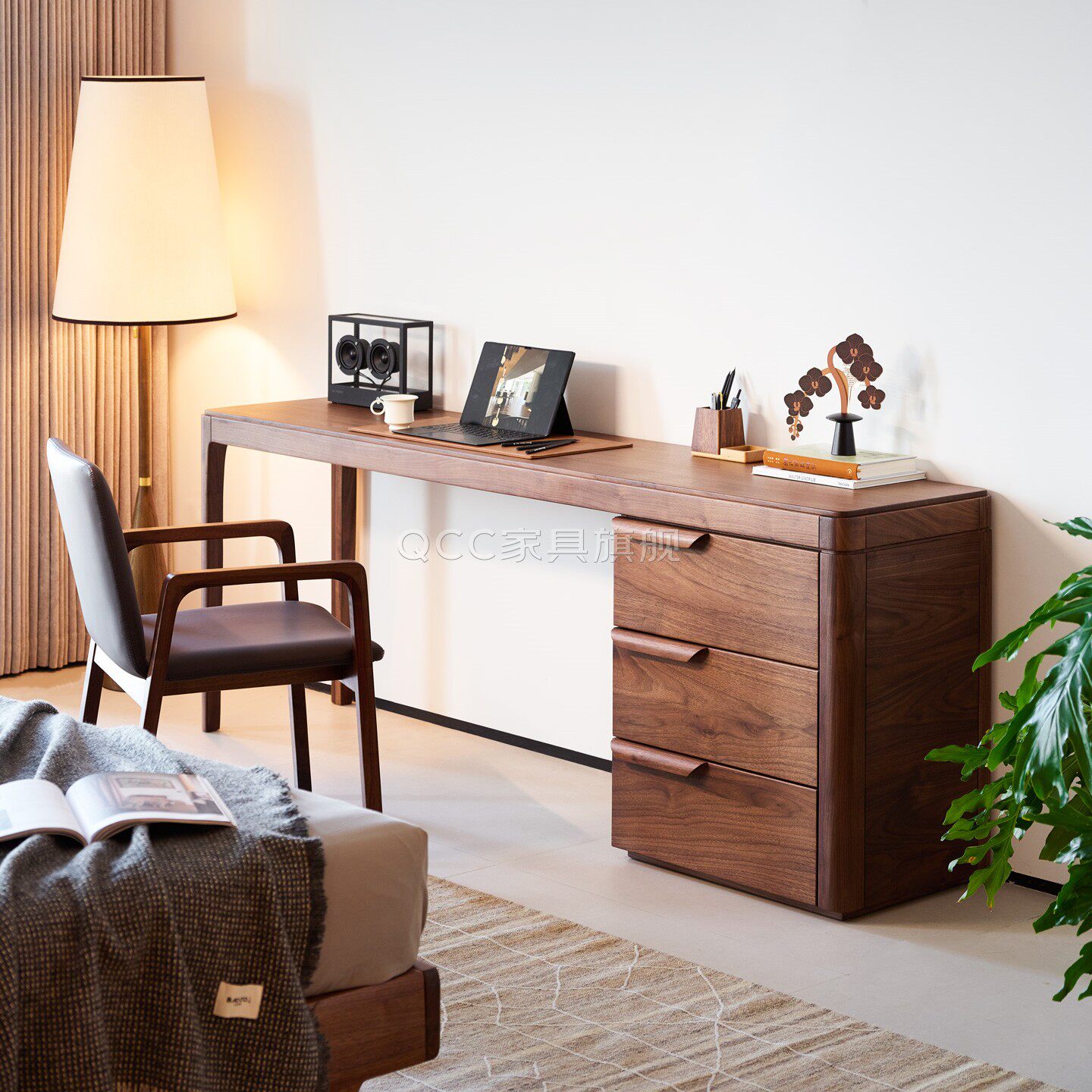北美黑胡桃木书桌新中式实木家用卧室写字台设计师款窄办公电脑桌