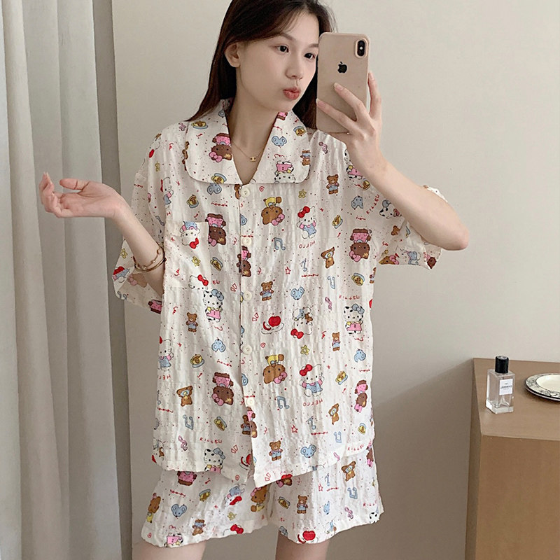 大码睡衣女款夏季日系卡通薄款三件套短袖短裤长裤大码家居服系列