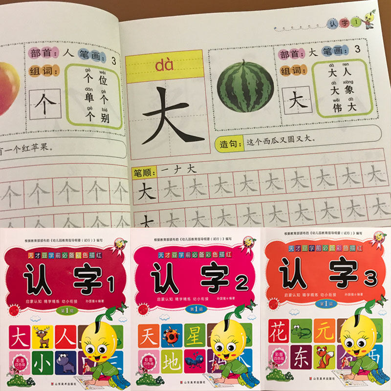 幼小衔接学前语文汉字描红123全套3本3-6岁宝宝学写字书笔画笔顺练字帖铅笔描红幼儿园儿童大班中班学前班字帖练习本 学前练字苗红
