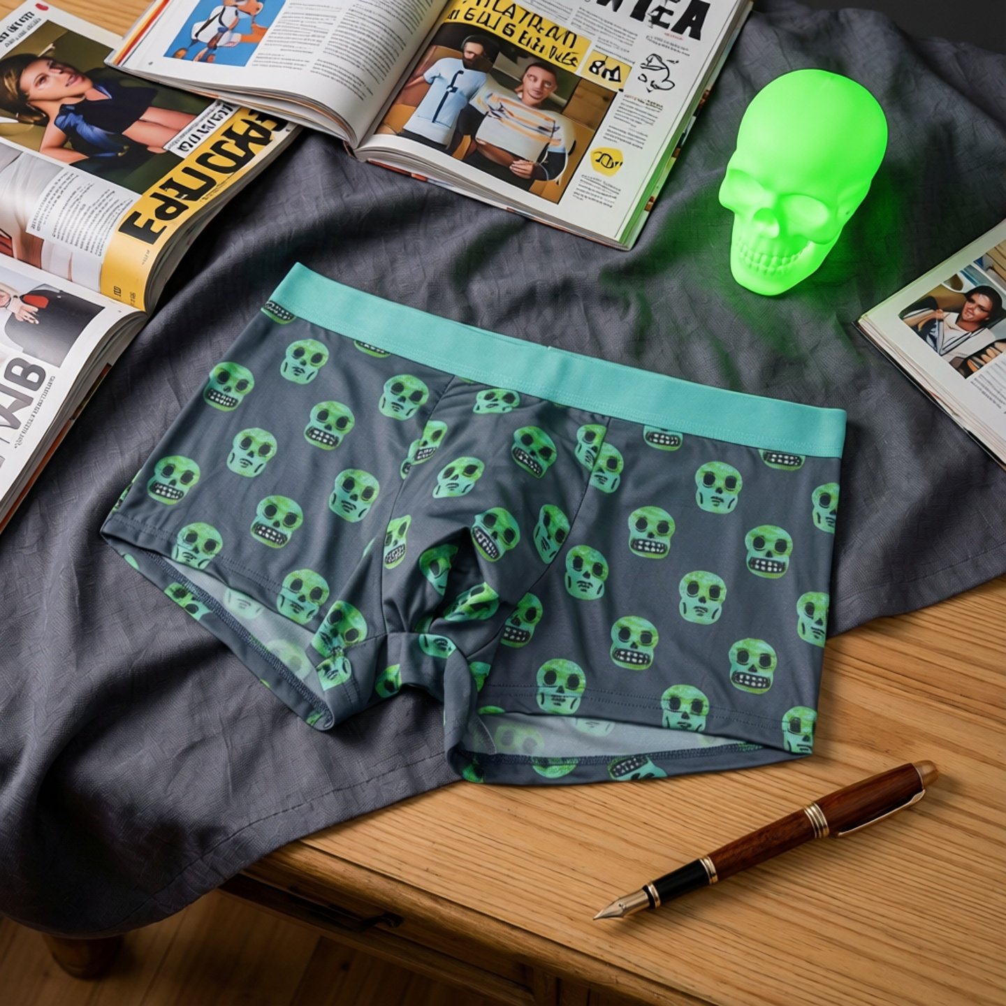 【小骷髅】创意骷髅头印花男士平角内裤 中腰潮流四角裤夏季短裤,女士内衣/男士内衣/家居服,男平角内裤,淘宝优惠券,粉丝福利购,淘宝优惠卷