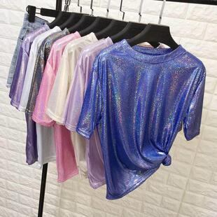 202下0款夏装新款BF新衣失踪亮丝女T恤短袖中长款闪闪上衣97479体