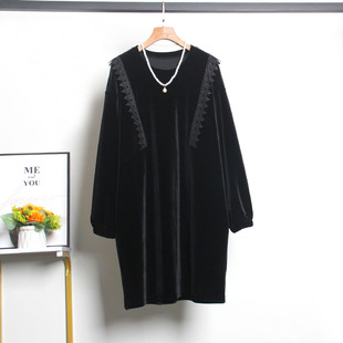 直筒丝绒裙子 蕾丝边中长款 大码 金丝绒连衣裙宽松圆领高端减龄时尚