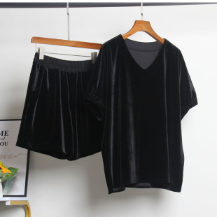减龄阔腿短裤 欧洲站春夏新款 女时尚 套装 休闲两件套 高端金丝绒半袖
