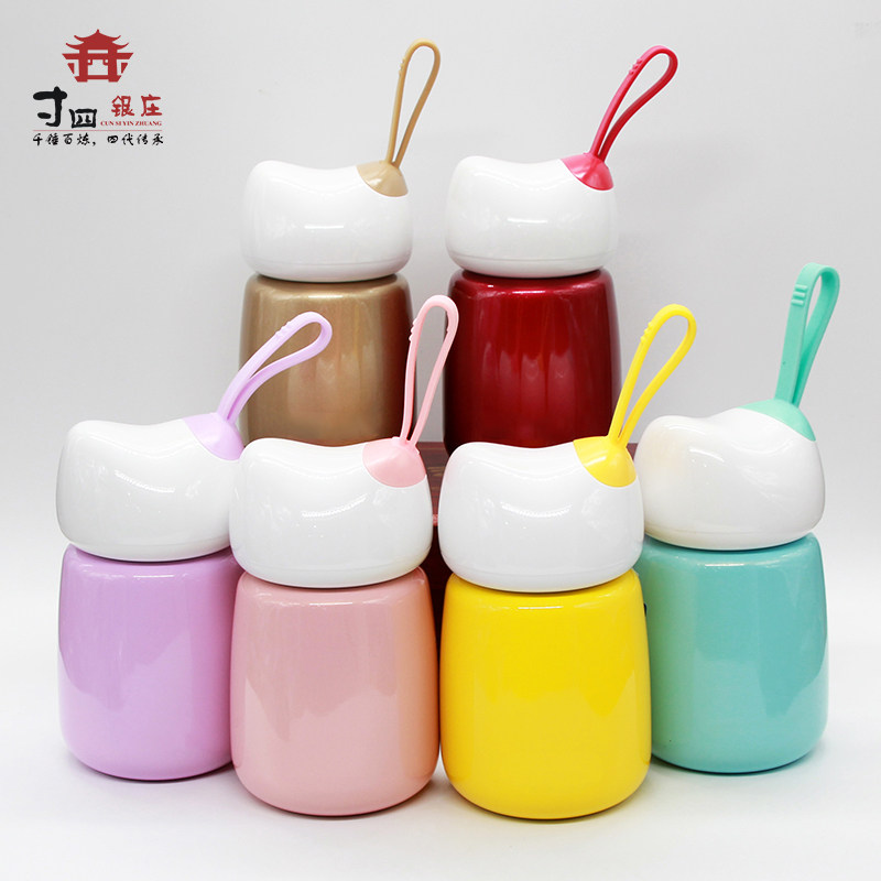 大理寸四银庄999足银内胆水杯可爱kitty杯卡通便携雪花银女生激萌