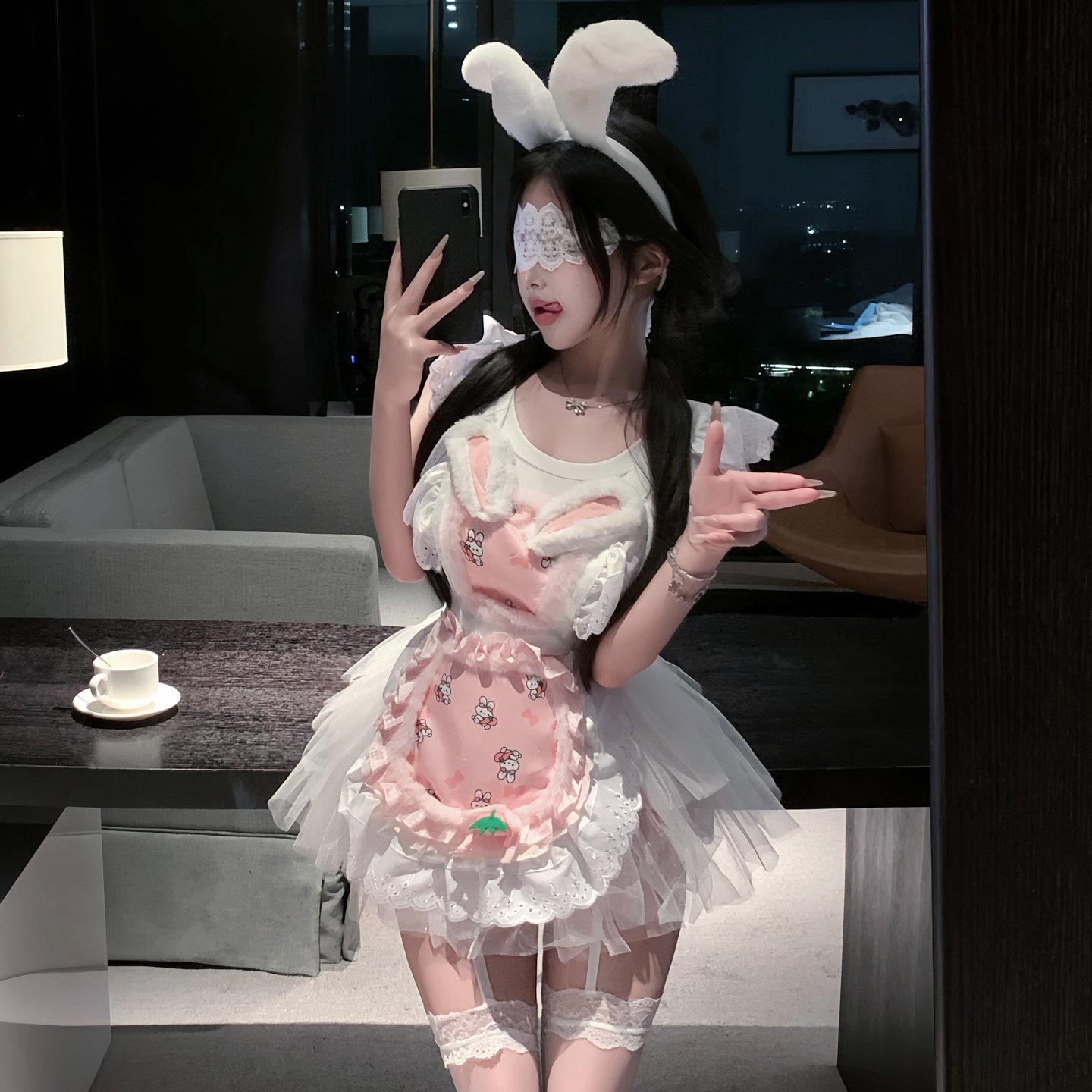 粉色蕾丝兔女郎女仆蓬蓬裙纯欲cos制服性感内衣情趣约会套装女