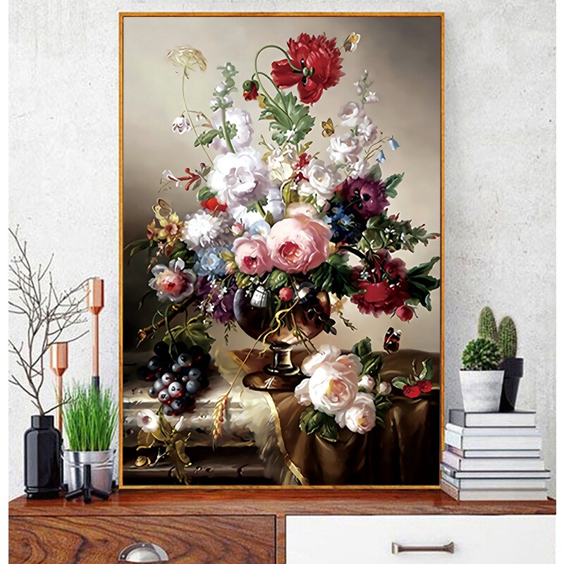 十字绣百花争艳线绣客厅玄关欧式宫廷油画风植物花卉花瓶40色满绣