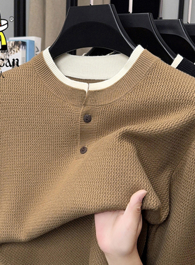 稻草人2025新款男士针织衫上衣商务休闲翻领长袖男时尚印花长袖潮