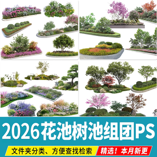 景观花坛树池ps效果图花镜花草花池植物组合搭配组团psd免抠素材