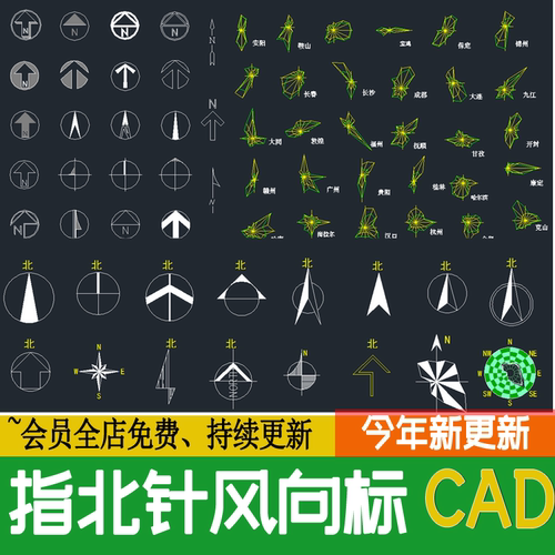 CAD施工图指北针模块图库总平面图图块图例比例尺玫瑰风向标素材