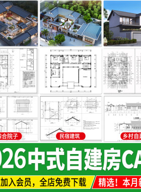 新 中式四合院建筑民宿豪宅别墅乡村自建房院子效果图CAD施工图纸