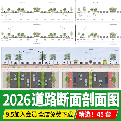 道路横断面图平立面剖面图标准段市政公园景观节点大样ps素材psd