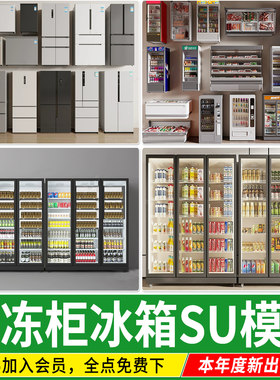 生鲜超市冰柜冷藏柜饮料机肉类现代冰冻柜冰箱保鲜柜SU模型素材