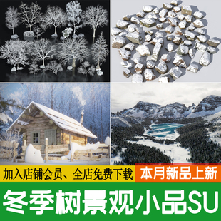 冬季 树 冬景树植物树木石头积雪景观小品雪松枯树雪景SU模型素材