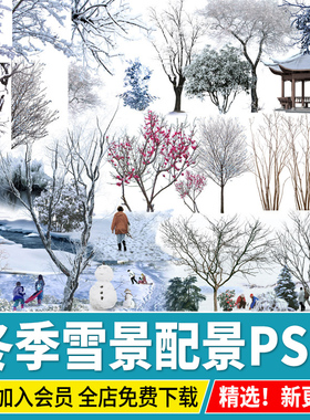 雪景冬季配景植物雪松松柏乔木树木效果图PS免扣psd素材雪天枯树