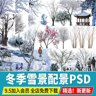 雪景冬季配景植物雪松松柏乔木树木效果图PS免扣psd素材雪天枯树