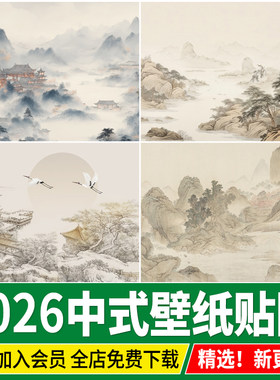 中式山水壁画贴图新中式壁纸水墨装饰画山水画背景墙SU贴图ps素材