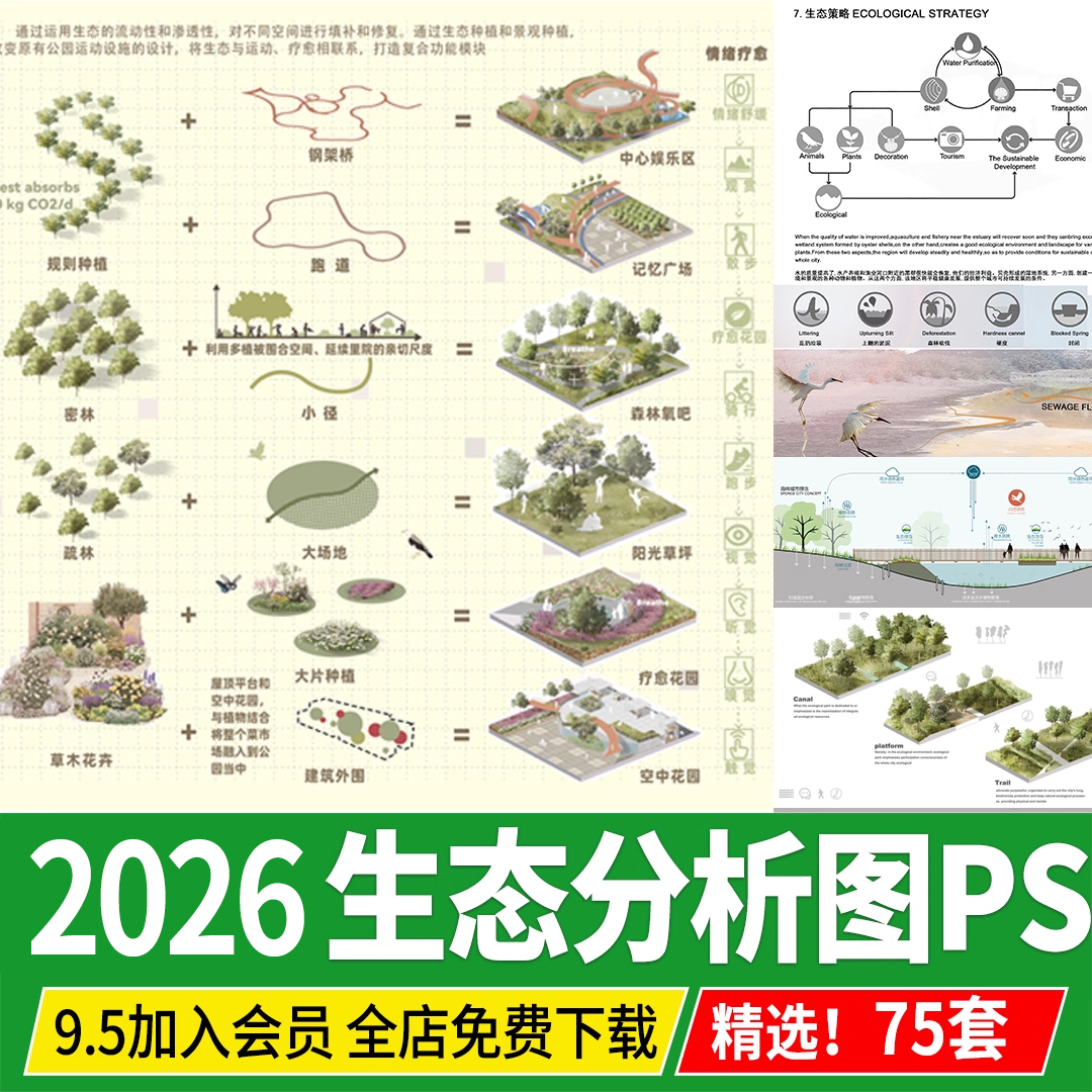 生态景观分析图模块植物修复 滨水驳岸种植湿地PSD分层ps免抠素材